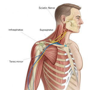 Detailed anatomical diagram illustrating the shoulder and upper arm muscles, including infraspinatus, supraspinatus, teres minor, and the sciatic nerve. Each structure is labeled.