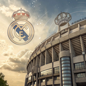 Illustration of Real Madrid's Santiago Bernabéu stadium logo. Modern design highlighting the emblem and grandeur. Crown-like design in the center. Semi-realistic architectural focus. Background is an abstract sky with floating clouds.