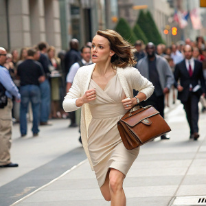 Rachel McAdams sprinting down a bustling urban avenue, dressed in a light beige dress and white cardigan, clutching a brown leather purse. Diverse crowd walking in the background.