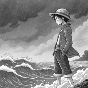 A detailed black and white illustration of Monkey D. Luffy, standing amidst a stormy sea. Waves crashing around him