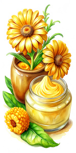 shea butter and calendula flowers on white background