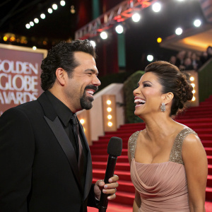 Ricardo Antonio Chavira and Eva Longoria laughing and chatting at the Golden Globe Awards. Bright stage lights, red carpet in background
