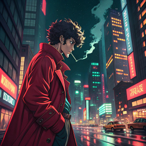 Digital painting of Spike Spiegel from Cowboy Bebop. Smoking a cigarette, wearing a red coat, set against a neon-lit Tokyo skyline
