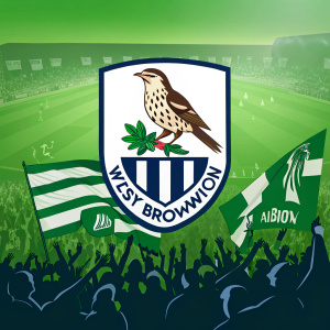 West Bromwich Albion's badge features a bird atop a crest. Bright green field background with soccer fans cheering.