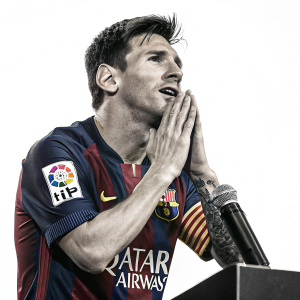 Lionel Messi, wearing an FC Barcelona jersey with visible sponsor logos, is pictured during an intense press conference. Emotional gesture with hands close to his face, stark background.
