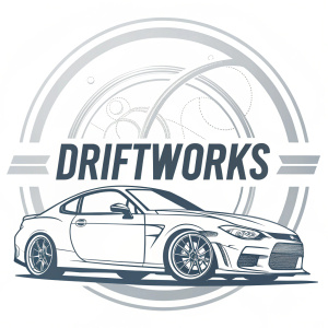 A sleek logo design for DriftWorks. Circular layout with bold gray text. Teaser for detailed imagery.