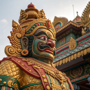 Close-up shot of intricate demon king sculpture. Mythical figure from Hindu lore. Richly adorned with gold and vibrant hues. Set amidst a temple backdrop.