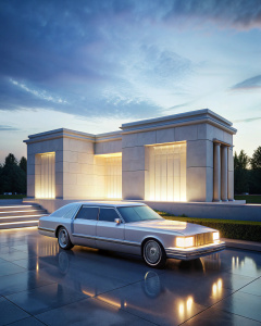 Lincoln towncar, new elegance, futuristic, glowing neon, Hollywood Regency, John Elgin Woolf, HR Geiger, Orthographic view, minimalist, Syd Meade, lots of negative space, flat design, funeral home, 1890s, from 1976, monument, slab of marble, mausoleum, mormon, white granite, from 1997, y2k aesthetic, white, Seoul, Detroit, belle epoque, national geographic documentary style film photography, Kodak, Fujifilm, masculine, elegant, art nouveau, cathedral, architectural, building