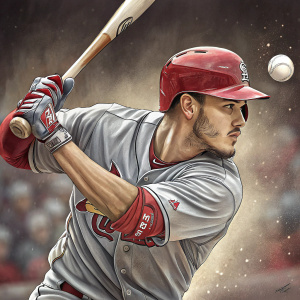 Nolan Arenado in the batting stance, swinging hard at a baseball. Gray jersey, red cap, and batting gloves. Background blurred, highlighting the ball
