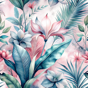 Pattern Seamless, Vector, Vintage Old Soft Colors, Shade Pink, Abstract Hand-Draw, Tropical Plants, Leaves and Flowers. White background