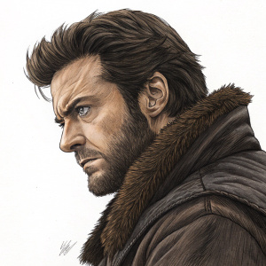 Detailed pencil sketch of Wolverine, X-Men comics. Dark shaded, expressive face, focused glare, brown hair, textured fur coat, on a plain white background.