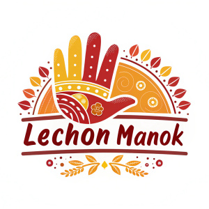 Digital illustration featuring a vibrant logo for Lechon Manok. The design includes a hand-like shape in various colors: red, orange, and yellow. Set against a clean white background with playful text.
