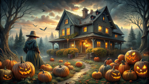 a creepy house with carved pumpkins in front of it, 8k hd wallpaper digital art, header, imaginative!!!, candy - coated, scarry, seasons of emotion, promotional render, header text”, keyframe, amazing wallpaper, artistic!!! composition, goosebumps books, costume, scarecrow, tired haunted expression realistic image text free 8k