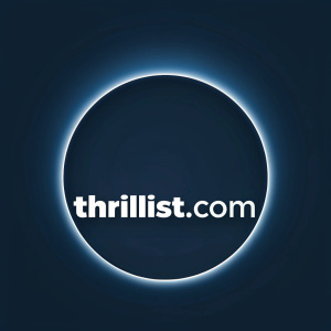 A sleek and modern logo for Thrillist.com. Dark blue background. The logo, a glowing white circle, prominently displays the word 'THRILLIST' with the URL underneath.