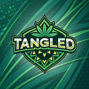 A vibrant, digital wallpaper featuring the 'Tangled' logo. The logo incorporates green and black hues with an abstract design.