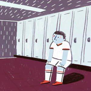 Cristiano Ronaldo, Manchester United soccer player, frowning in the locker room after a match.