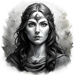 Saga, The Seer - Nordic Goddess of Sagas & Myths perfect realistic art, high-definition grey and black, white background tattoo design