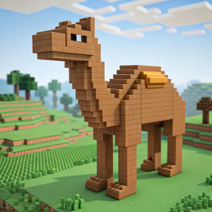 In a Minecraft world, a camel crafted from brown blocks stands majestically. The creature's design includes a thick neck, blocky body, and a detailed head with simple eyes and a distinct camel nose. Created with various block sizes and shapes, it showcases a rugged texture and sturdy posture against a vibrant green landscape.