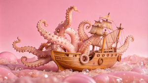 Macro photography, blurred background, a pirate ship being attacked by many octopuses, tumultuous waves,Wide angle, epic lens
