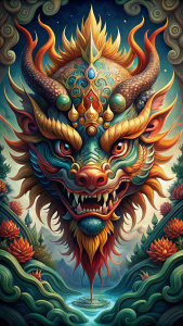 dragon chino de bellos colores y bellos detalles mirando de frente con su imponente rostro en el centro de la imagencon toques de agua y flores dentro de un tamaño de 40x50 centimetros