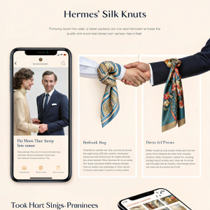 Website page showcasing Hermes' Silk Knots app. Sleek design featuring images of luxurious scarves and a handshake. Explains app features and marketing strategy.
