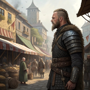 Digital painting of Ragnar Lothbrok, standing in a bustling medieval marketplace, detailed and dramatic.