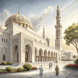 Stunning mosque in Muscat, Oman. The Sultan Qaboos Grand Mosque, with its gleaming white stone and detailed arches, stands tall. Few people are seen in the foreground.