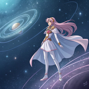 Digital art of Hikaru Shidou from Magic Knight Rayearth. Detailed 3D render. Floating in space with cosmic background