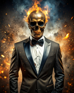 effect, photoshop action, realistic black gold skull with human body in tuxedo, fire, sparks, dust, explosion, smoke, sand, shadows, glow, glow, glare, light, slim, in style: serious, business, wise, quality xd, 