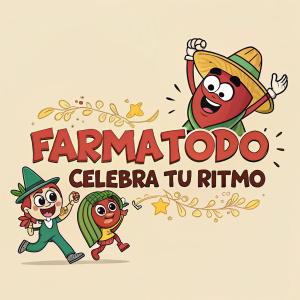 A colorful and dynamic logo for 'Farmatodo Celebra Tu Ritmo' featuring playful cartoon characters with exaggerated expressions and vivid colors. The design includes a cheerful character on the left and a more dramatic one on the right. The text is in bold, decorative font with a light, neutral background.