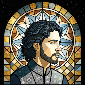 A medieval stained glass window in which we can see a medieval man. Blacksmith. Brown short hair. Looks like a mix between Dylan O'Brien, Joseph Dempsie and Matt Lanter
