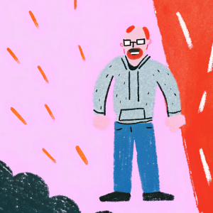 Walter White from Breaking Bad, intense expression. Wearing a grey hoodie and jeans. Stands in a vibrant comic book setting with bold colors and dynamic background.