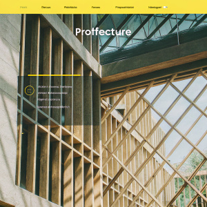 A modern website layout for an architecture firm. Clean, minimalist design with a black and yellow color palette. The grid structure highlights key architectural projects and features. Professional tone, focusing on detailed architectural elements and design principles.