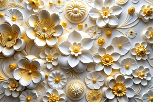 3D printable ceiling interior wallpaper with luxury beautiful white and golden flowers, abstract background for wall