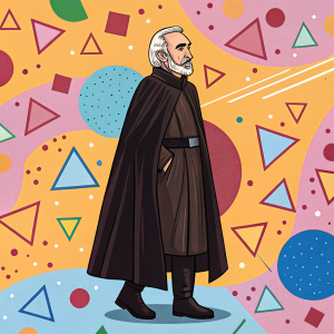 Count Dooku from Star Wars in a whimsical cartoon style. Vibrant, colorful background filled with geometric shapes and patterns.