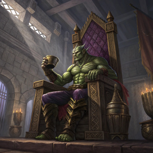 A muscular, goblin-like creature with green skin sits on a grand throne adorned with rich, textured brown and purplish hues. The creature holds a small ornate cup in its hand. The scene is set in a dimly lit, ancient hall.