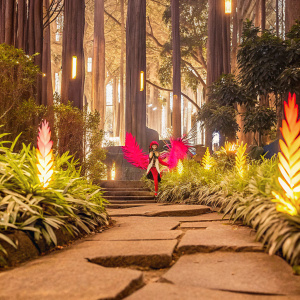 Xayah, the feathered champion from League of Legends, standing amidst a vibrant jungle. Fiery feathers surrounding her.