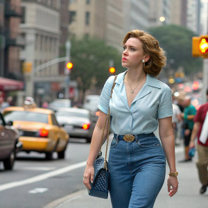 Scarlett Johansson, in a casual attire of a light blue blouse and denim jeans. Walking through busy city streets. The background is a mix of passing cars and pedestrians.