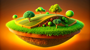 Travel and vacation background. 3d illustration with cutting of the ground and grass landscape. The trees of the island. Eco-design concept.