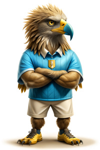 UN AGUILA CALVA DE PIE, TIPO HUMANOIDE, PENSANDO, CON POLO CELESTE, EL FONDO BLANCO