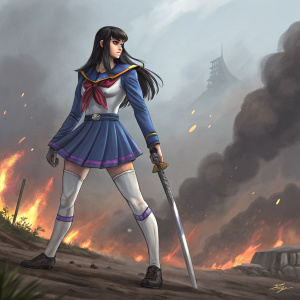 A detailed digital painting of Satsuki Kiryuin from Kill la Kill. Standing confidently with a sword. Blue and purple color scheme. Background is a fiery battle scene.
