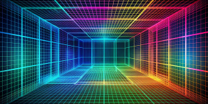 3D wireframe room colorful on dark background. Abstract perspective grid. Vector illustration.
