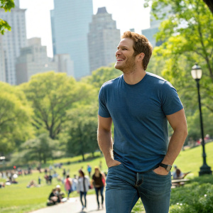 Chris Pratt, in a casual blue t-shirt and jeans, smiles broadly as he strolls through a vibrant city park.