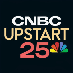 CNBC UPStart 25 logo illustrated in vibrant colors, bold sans-serif font on a minimalist black background