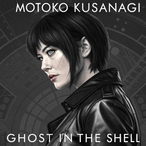 Motoko Kusanagi, from Ghost in the Shell, with short, sleek hairstyle and intense gaze. Wearing a black leather jacket against a dark, intricate, and abstract background with text elements in monochrome palette.