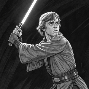 Pencil drawing of Luke Skywalker. Holding lightsaber, dramatic pose. Dark background.