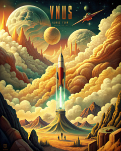 A vintage travel poster for Venus in portrait orientation. The scene portrays the thick, yellowish clouds of Venus with a silhouette of a vintage rocket ship approaching. Mysterious shapes hint at mountains and valleys below the clouds. The bottom text reads, 'Explore Venus: Beauty Behind the Mist'. The color scheme consists of golds, yellows, and soft oranges, evoking a sense of wonder.