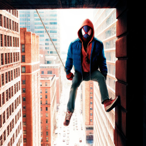 Miles Morales, clad in his iconic Spider-Man suit with blue jacket and red hood, mid-air amidst a bustling cityscape. Artwork by the visionary artist, featuring detailed metropolis backdrop.