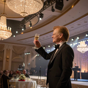 David Caruso center stage at the gala event. He's holding a glass of champagne and making a toast. Luxurious ballroom, chandeliers overhead