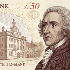 A historical portrait of John Houblon, first Governor of the Bank of England, featured on a £50 bill. Colonial era setting, detailed architecture, Bank of England branding.